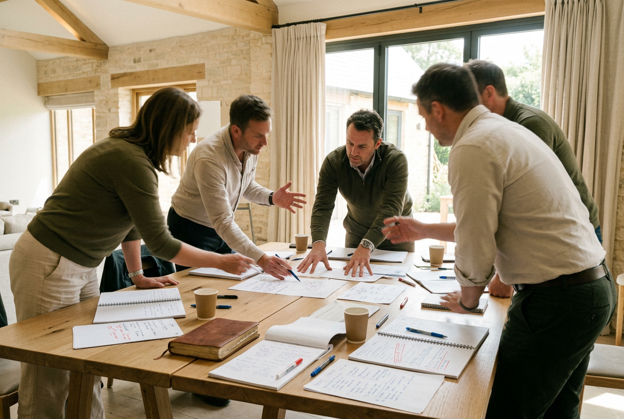 Adults applying ideas together in an active workshop