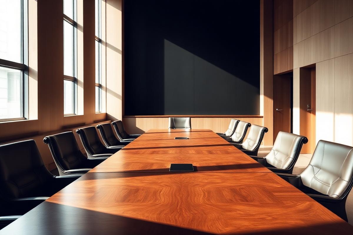 Empty boardroom with raking natural light across a long wooden table