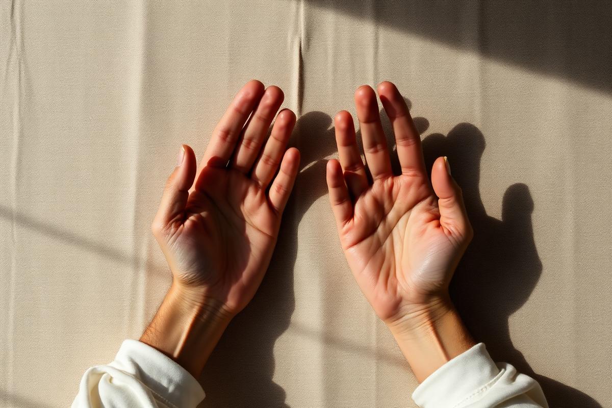 Two open hands resting palm-up on warm beige linen