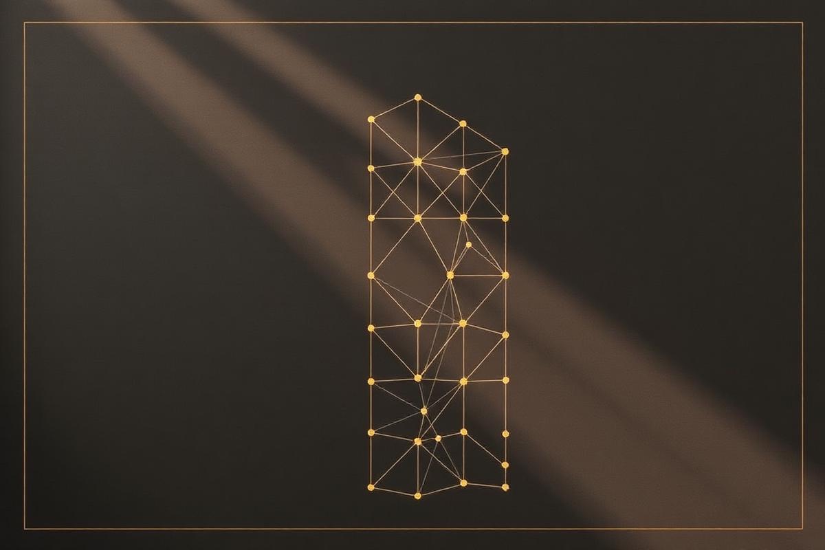 Geometric lattice of nodes etched in gold against charcoal