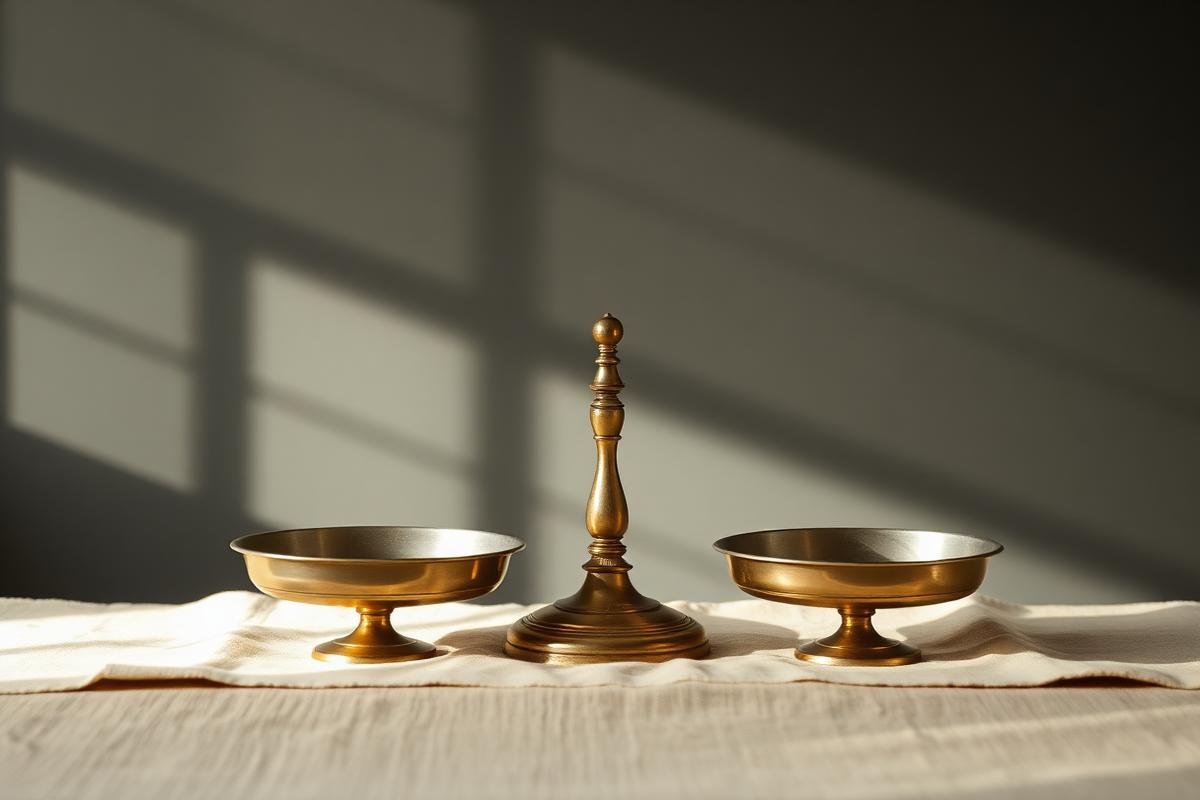 A vintage brass scale in equilibrium on warm beige linen