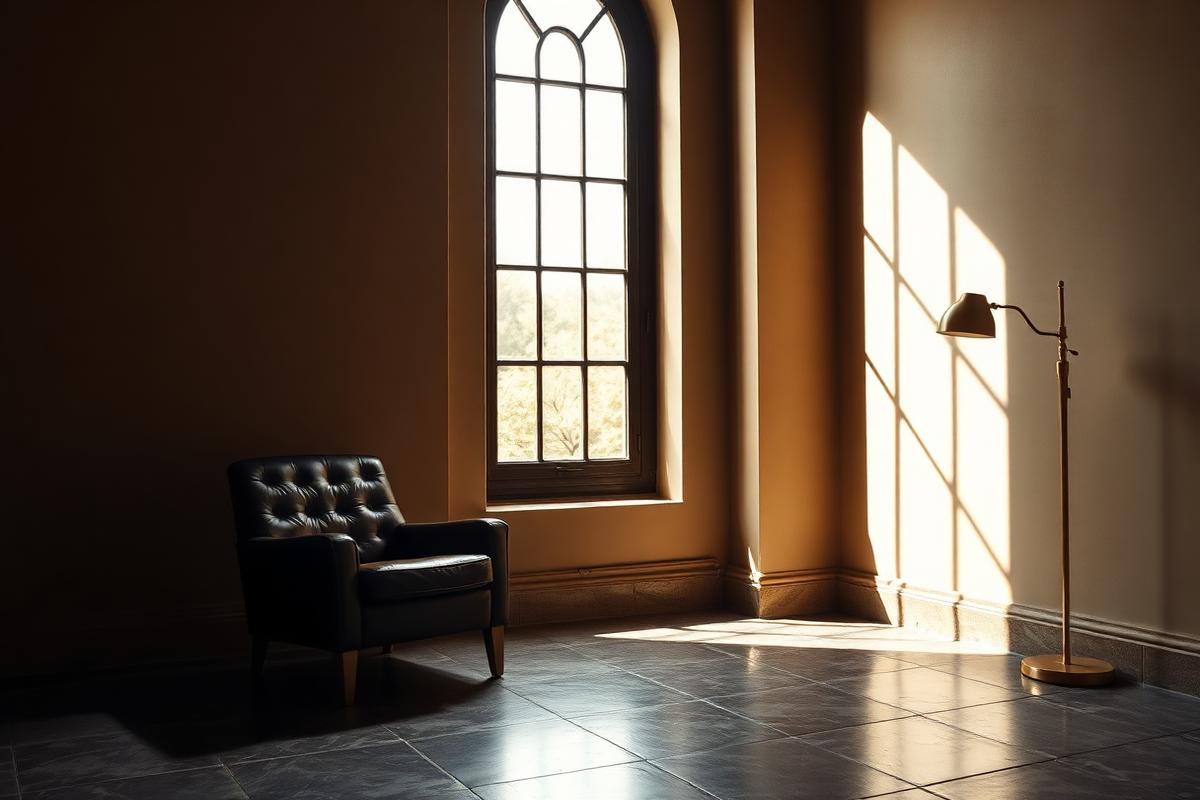 A single leather chair beside a tall arched window with raking light