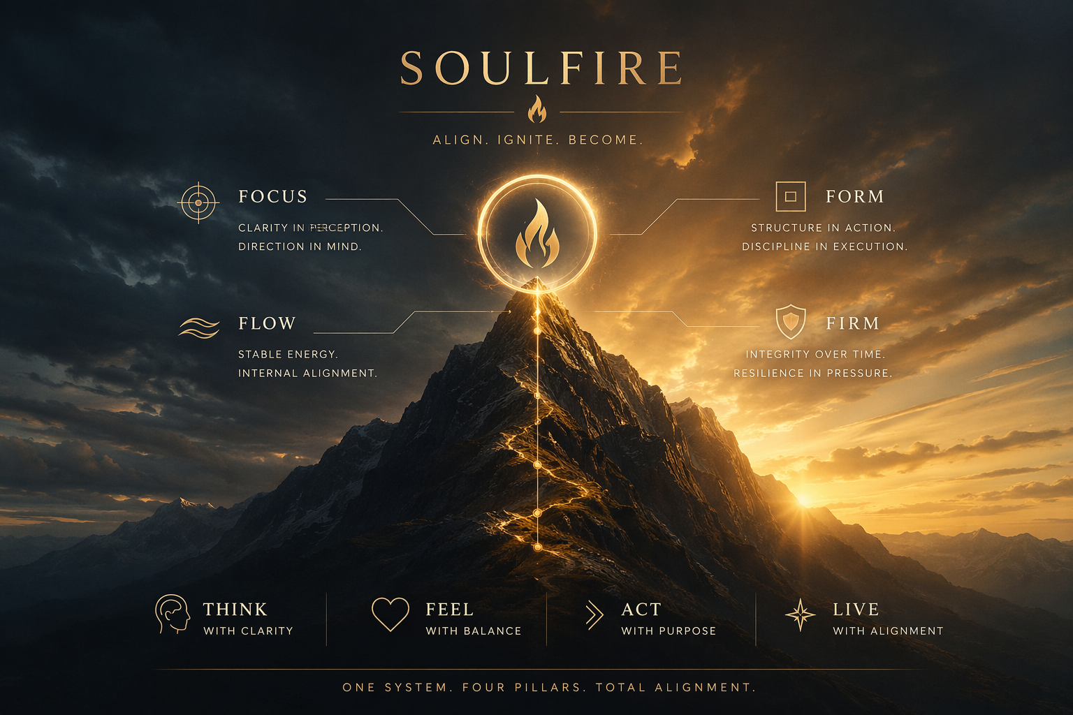 Soulfire — the four pillars of Focus, Flow, Form, and Firm rendered as a luminous mountain at golden hour